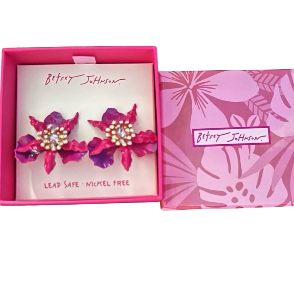 BETSEY JOHNSON SET Pink & Purple Ombré Orchid Earrings Necklace & Ring NEW NWT - Picture 7 of 16